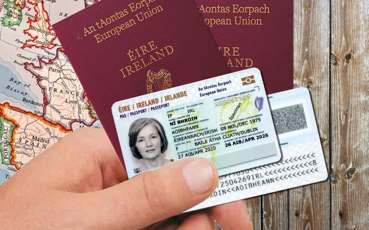 Irish Passport Card and traditional Irish passport side by side.